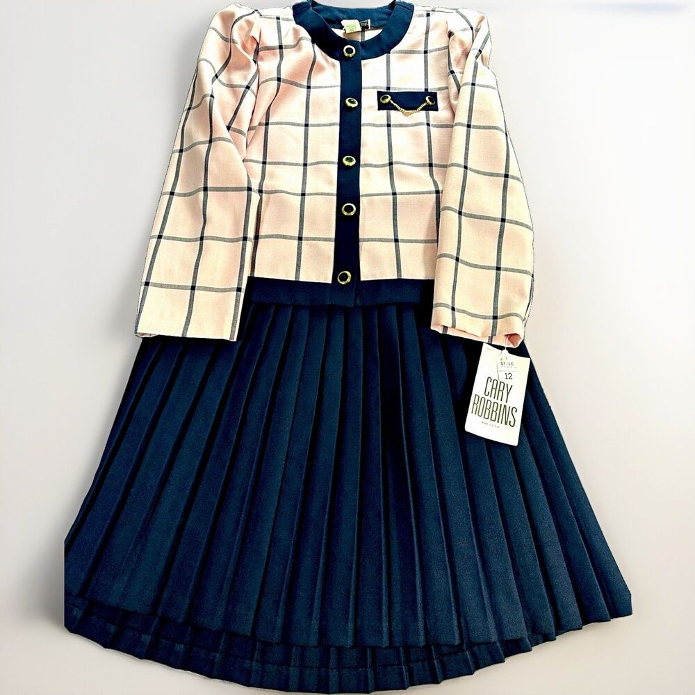 Vintage Cary Robbins 2 Piece Skirt Suit Women’s 12 Pink Navy Plaid NWT USA